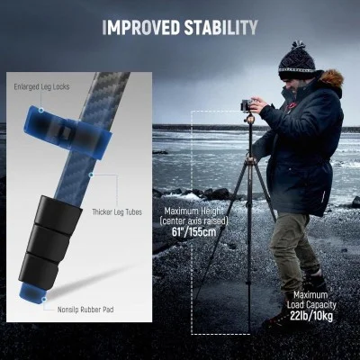 neewer lt35 61" carbon fiber travel tripod， with 360&deg; panorama ball head _ black